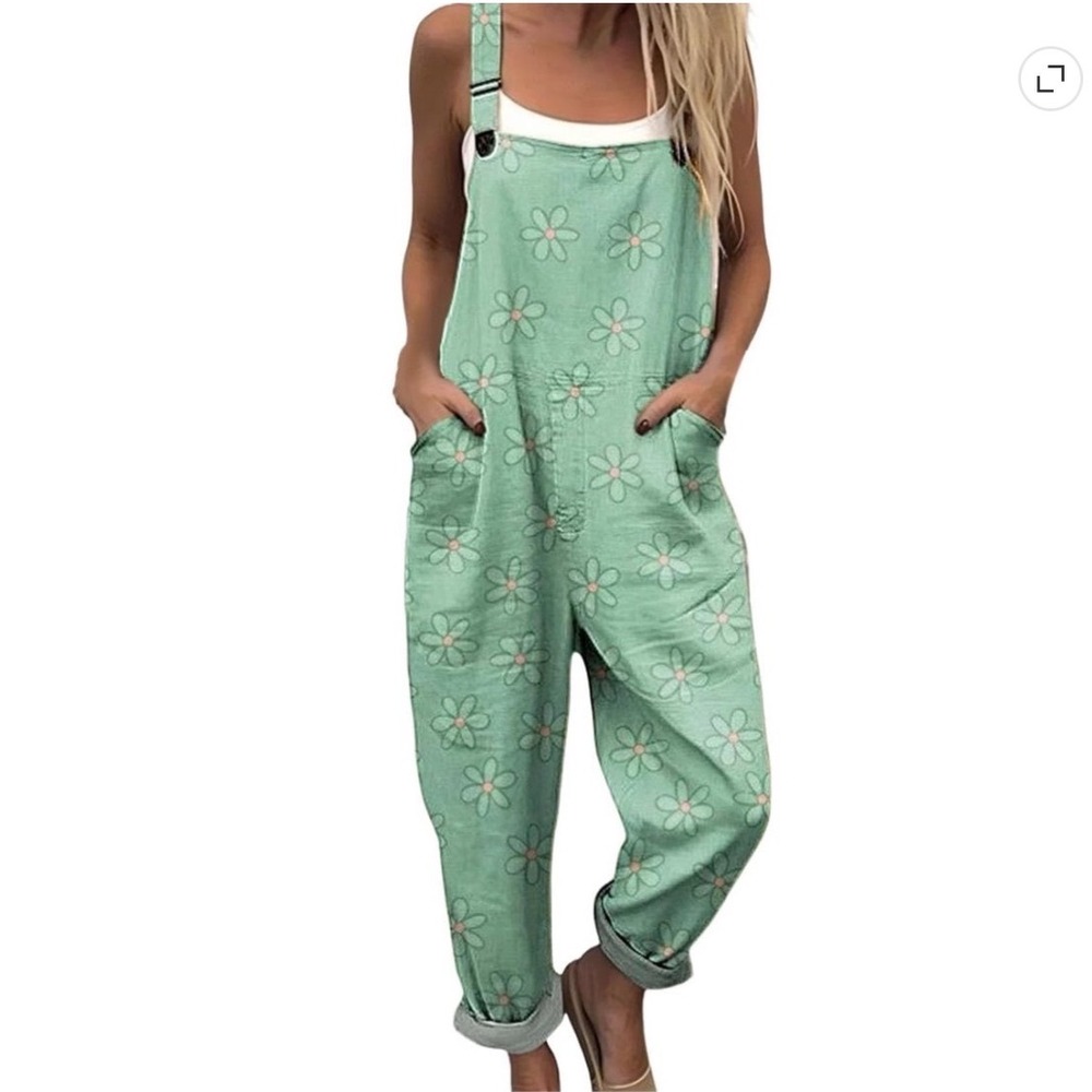 Women's Daisy Floral Line Green Wide Leg Overalls Small Cottagecore Retro